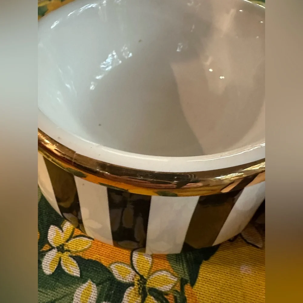 Vintage Henri Bendel Centennial Stripe and Gold Rimmed Pet Bowl Pair in EUC